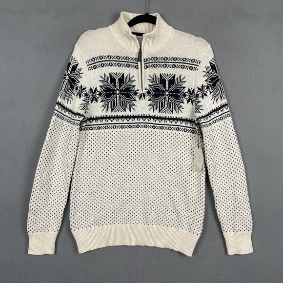 Aspen Sweater Mens Small White Navy Half Zip Pullover Snowflake Fair Isle Winter - Picture 1 of 15